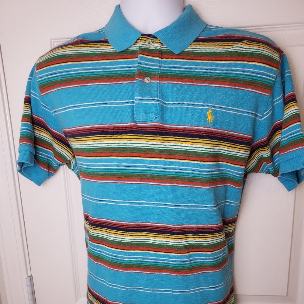 Blue Striped Polo T-Shirt Golf Embroidered Cotton